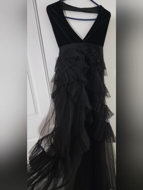 Black Tiered Tulle Ruffle Evening Dress
